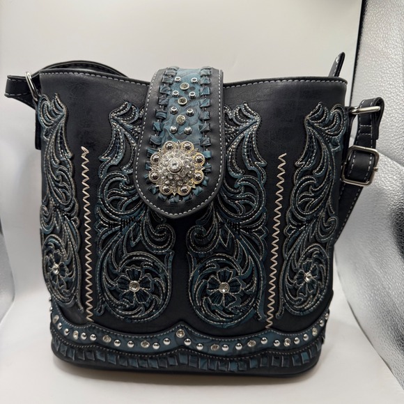 Montana West Handbags - Western Embroidered Crossbody Bucket Bag Black Teal Floral Studded Concho Boho